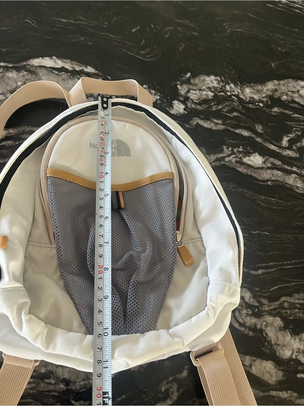 The North Face Cream and Gray Mini Backpack with Tan Accents